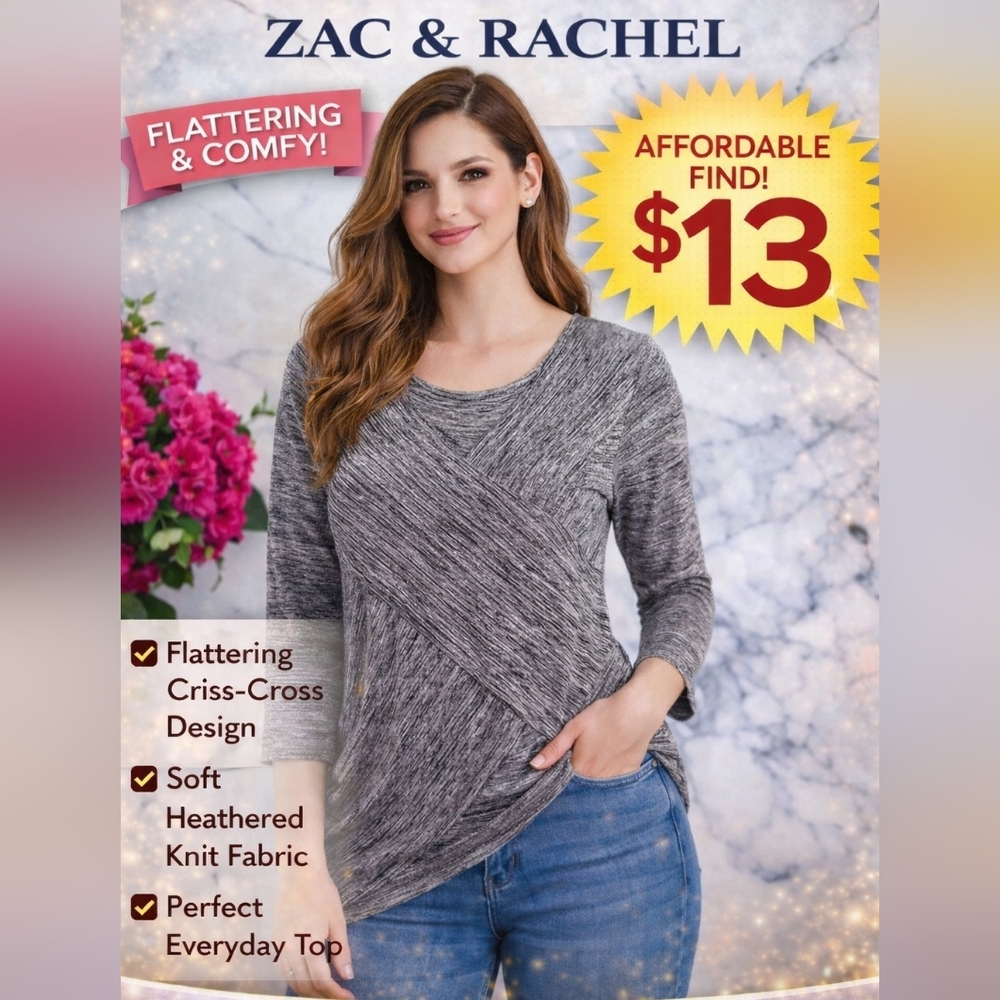 Zac & Rachel Women's Gray 3/4 Sleeve Criss Cross Pattern Wide Neck Shirt Size XL